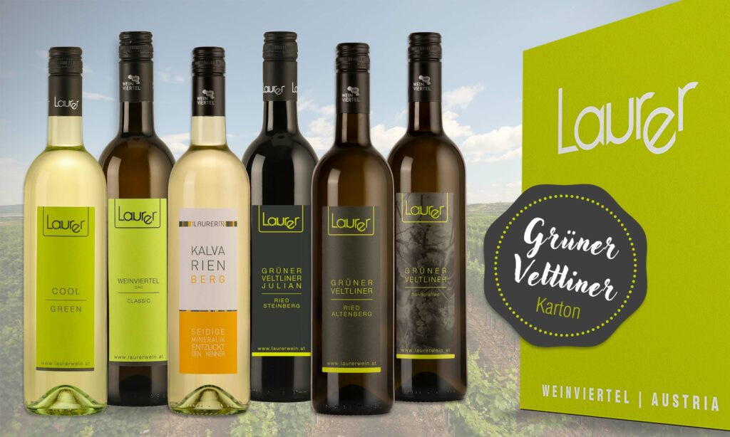 6er Grüner Veltliner Karton vom Weingut Laurer mit sechs verschiedenen Grüner-Veltliner-Weinen aus dem Weinviertel